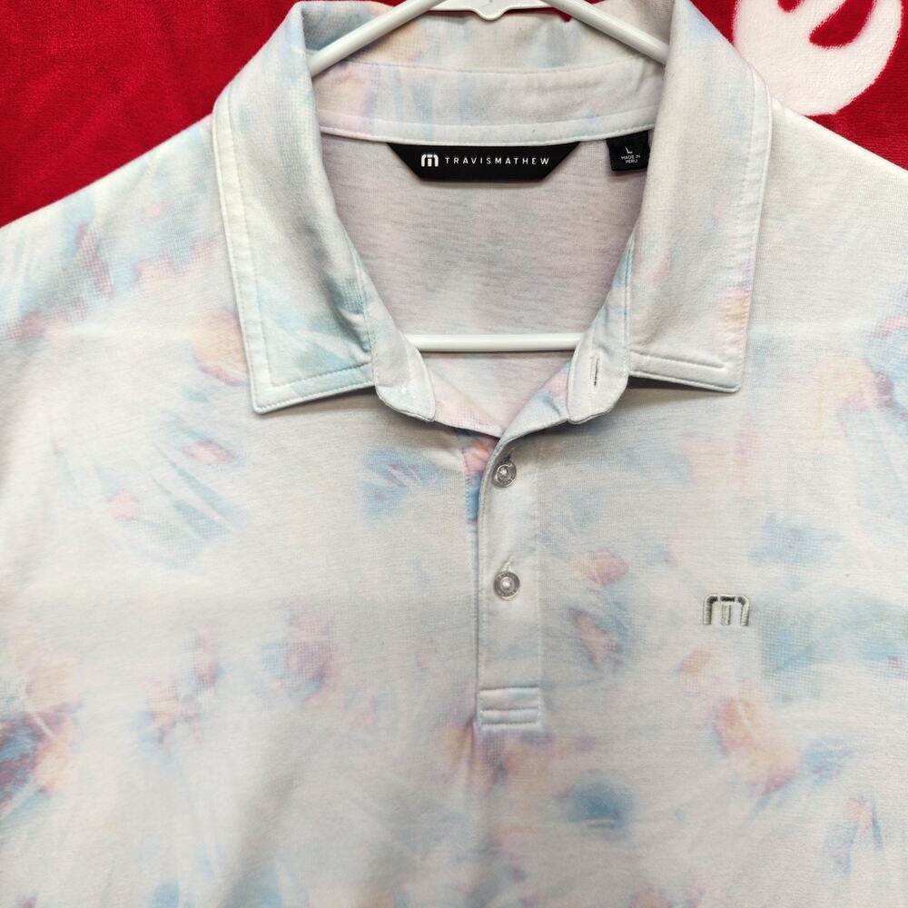 TravisMathew Polo Shirt Mens Large Blue Pink Tropical Floral Golf Performance...